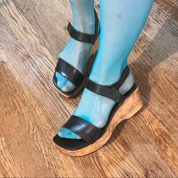 Vintage Y2K Black Leather & Wood Clog Platform Sandals